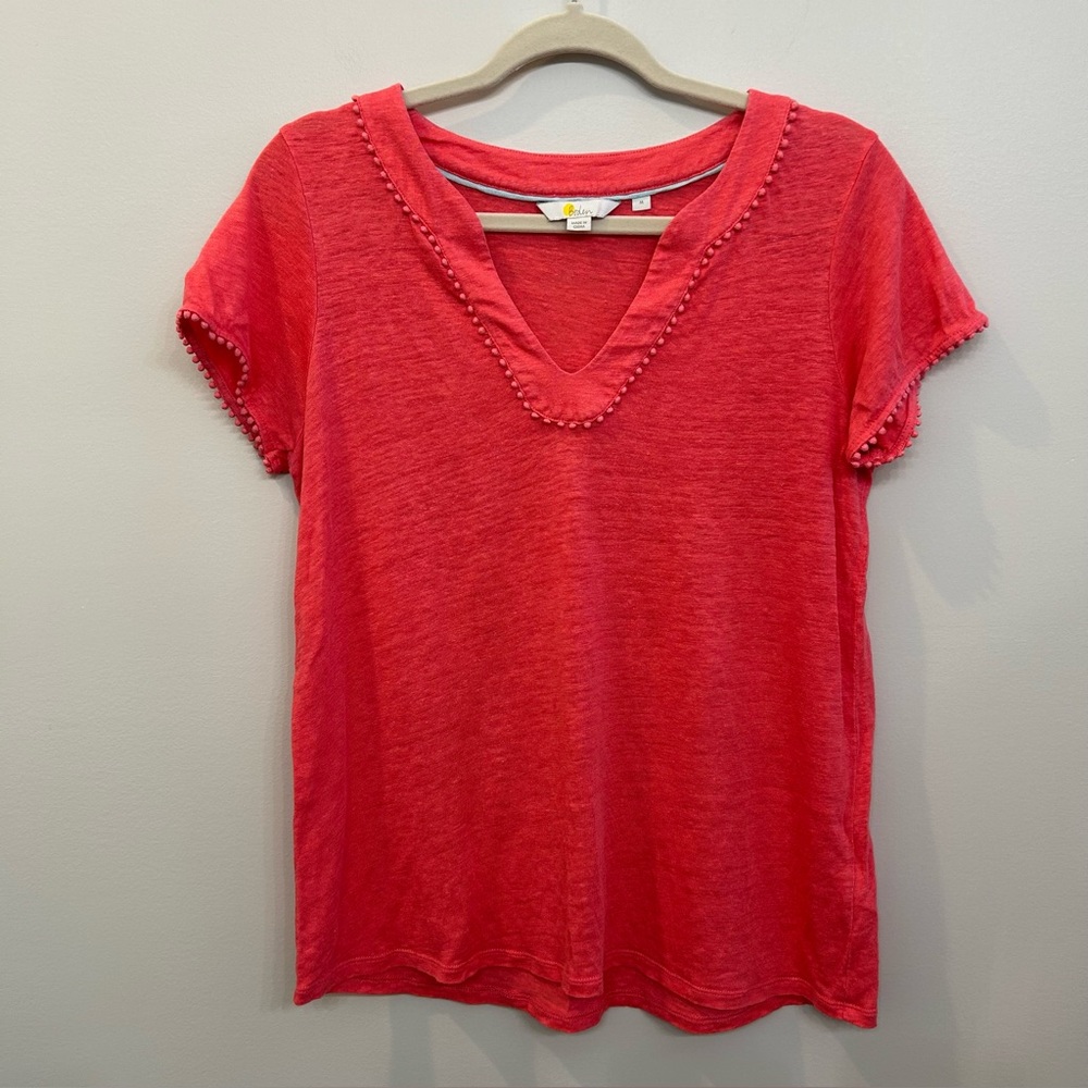 Boden 100% Linen Top Notch Neck Jersey Pompom Coastal Beachy Coral  Size M
